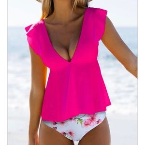 Ruffled Shoulder Flower Print Tankini Set